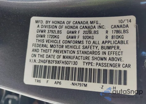 2015 Honda Civic Ex-L from USA, damaged, VIN 2HGFB2F9XFH507130
